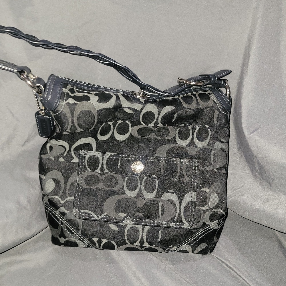 Coach Chelsea Signature Black Canvas Leather Trim Woven Strap Shoulder Bag
